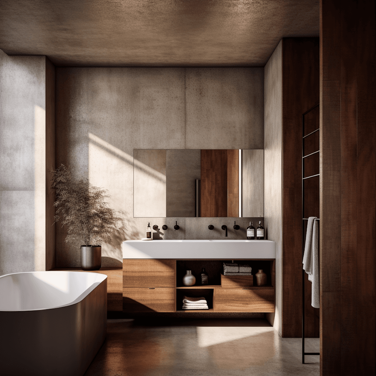 Modern concrete and wood bathroom
