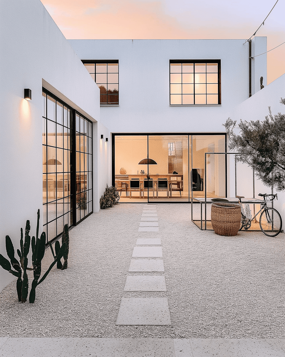 White modern house courtyard at dusk